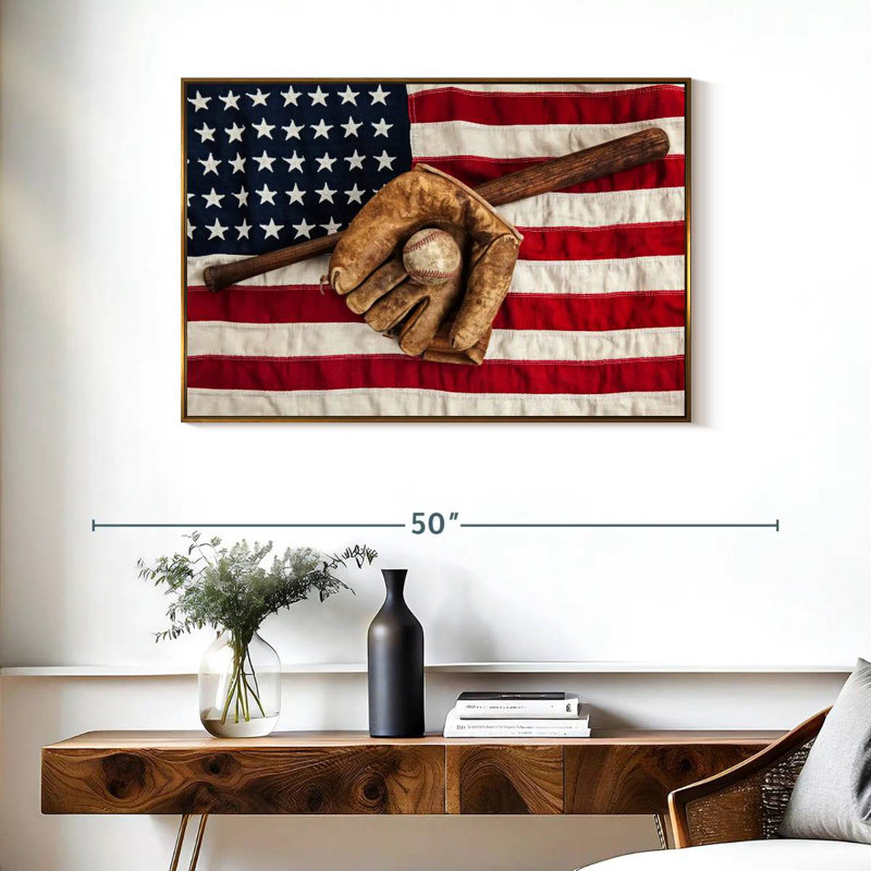 Drapeau américain de l'équipement de baseball, Cadre flottant doré, 37 po x 25 po