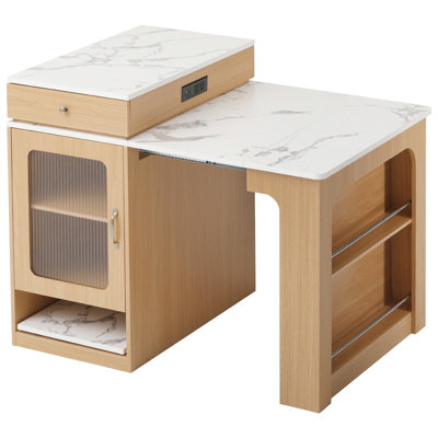 Îlot de cuisine avec dimension 59,5 po, salle à manger extensible de 10,2 à 41,8 po, rangement double face et tablettes latérales de rangement à 2 niveaux de taille, extension, deux panneaux de table amovibles, charge intégrée