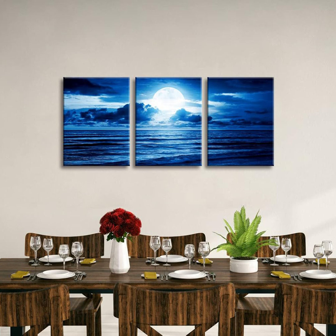 Modern 3 Panels Blue Clouds Landscape Canvas Wall Art Moon Sea Beach Pictures Paintings Artwork For Living Room Bedroom Home Decorations