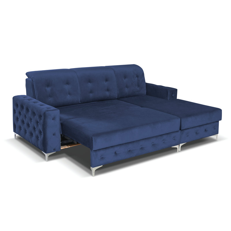 Canapé-lit et chaise longue en velours de 83 po Bowdon, Bleu, Orienté à droite (vu de face)
