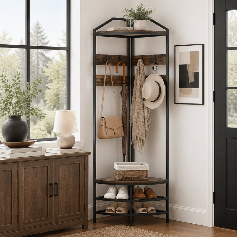 Corner Hall Tree with 8 Movable Hooks & 2-Tier Shoe Storage