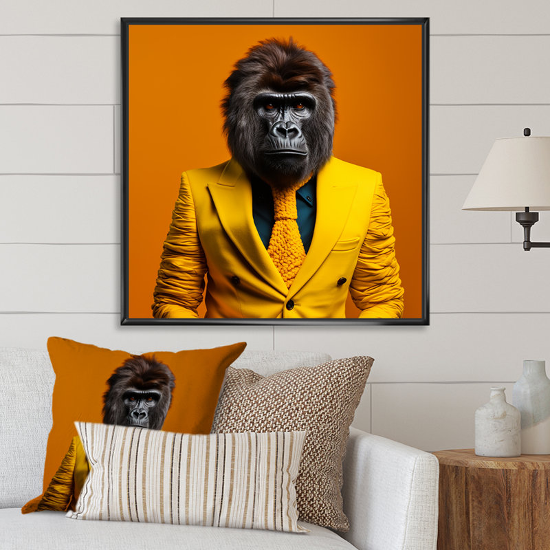 Jaune gorille en costume II - art mural gorille, H 36 po x l 36 po x P 1,5 po, Cadre flottant noir