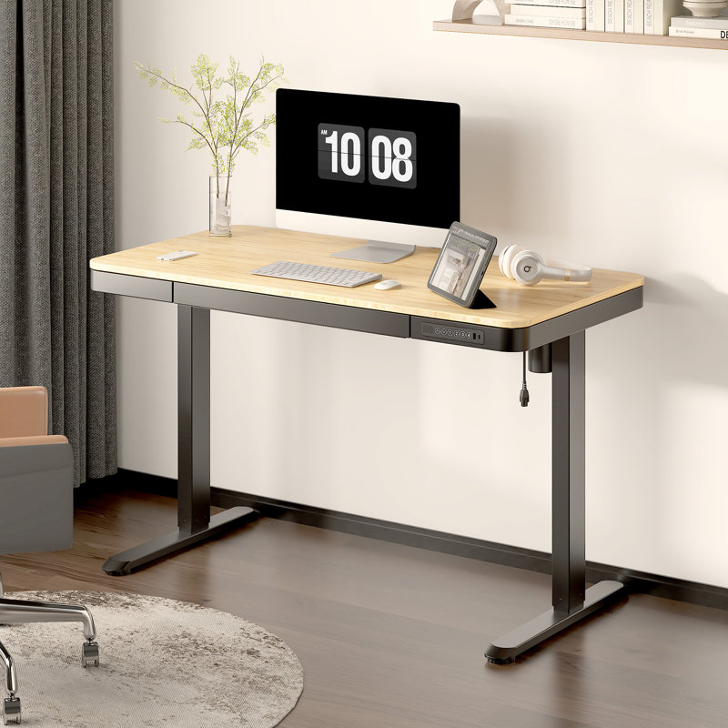 Home Office Height Adjustable Standing Desk with Drawer, 46.5" H x 47.4" W x 23.7" D, Natural Bamboo/Black
