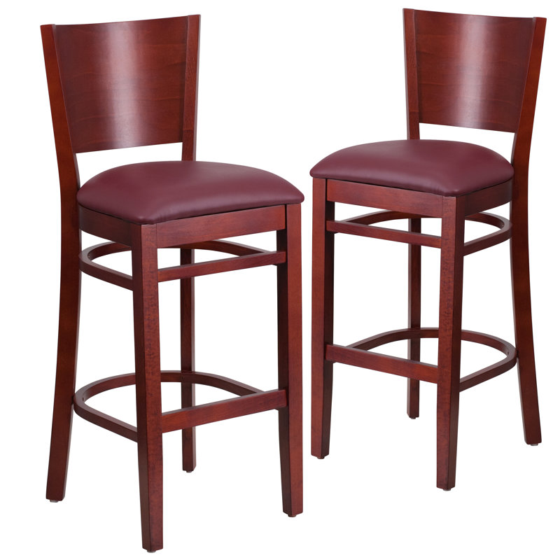 Claridge Solid Back Wooden Restaurant Barstool, Vinyl-Burgundy, Mahogany, 2