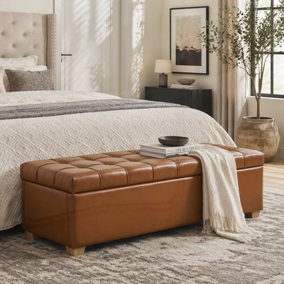 60.2 Inch Wide Upholstered PU Storage Bench, Tufted Flip-Top Footrest Stool with Solid Wood Legs for Versatile Home Use