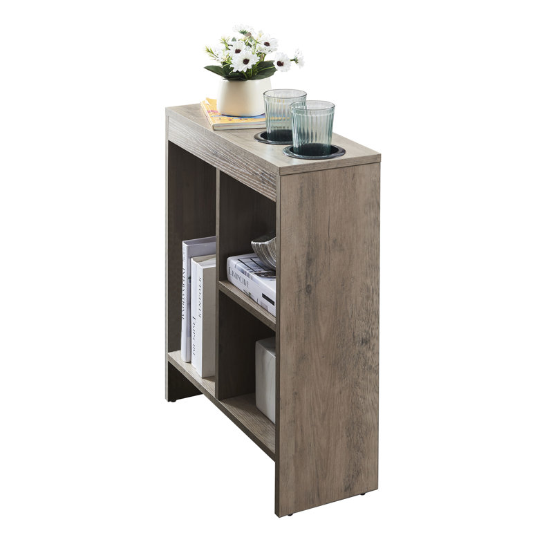 Narrow Side Table with 2 Cup Holders and 3 Shelves, Slim End Table for Small Spaces - Walnut, Walnut