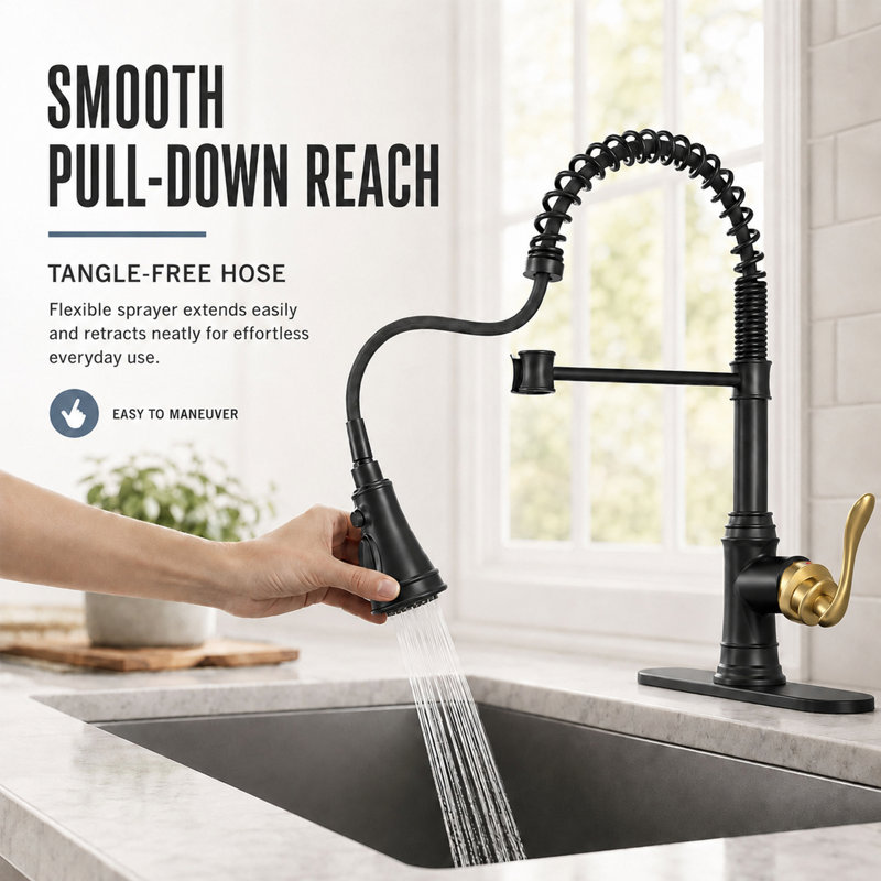 Single-Handle High-Arc Pull-Down Kitchen Faucet with Deck Plate, Black/Gold