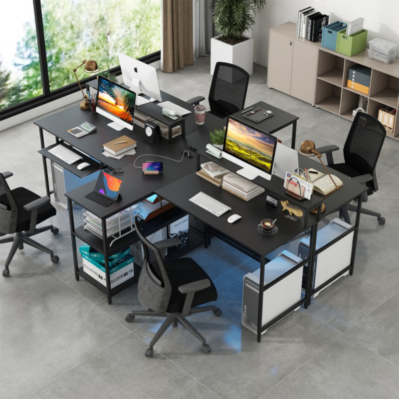 2-Person Reversible Computer Desk Long Office Desk With LED Lights, Black