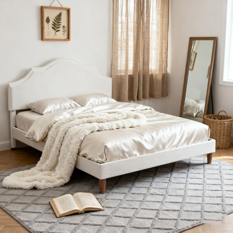 Lit plateforme tapissier avec tête de lit réglable, rembourrage en tissu de lin, Très grand, Blanc