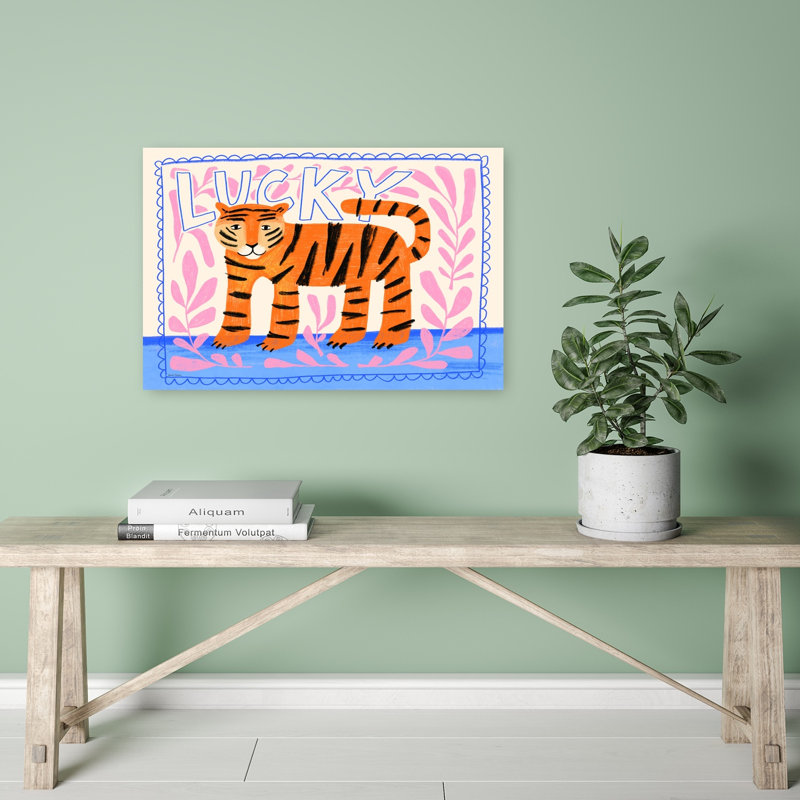 Lucky Tiger Whimsical Abstract Contemporary Tiger Wildlife Landscape Wall Art Print 1 Piece Wrapped Canvas Wall Art
