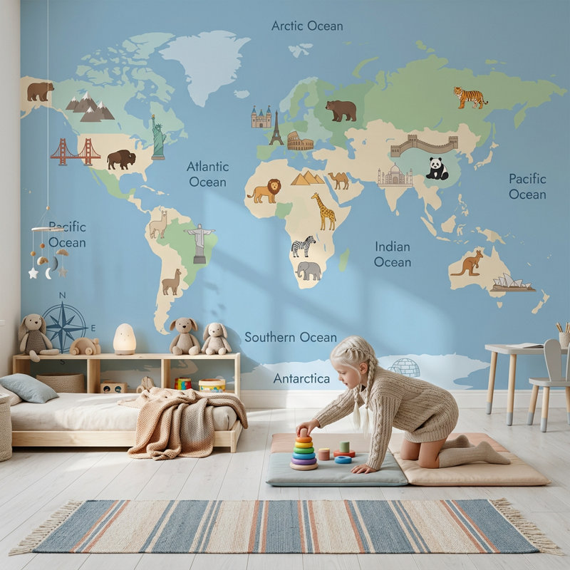 Papier peint carte du monde pour enfants, à visée éducative., 100"x96", Peel and Stick