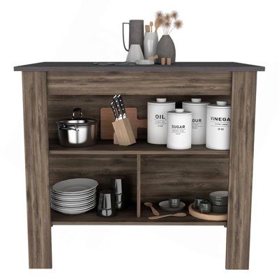 Kitchen Island, Kitchen Table 35" H, Four Legs, Three Open Storage Shelves
