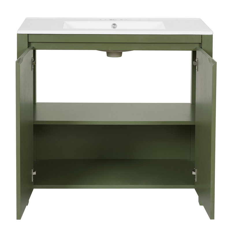 Meuble-lavabo 36 po avec lavabo en céramique et grande armoire de rangement, Vert olive / blanc
