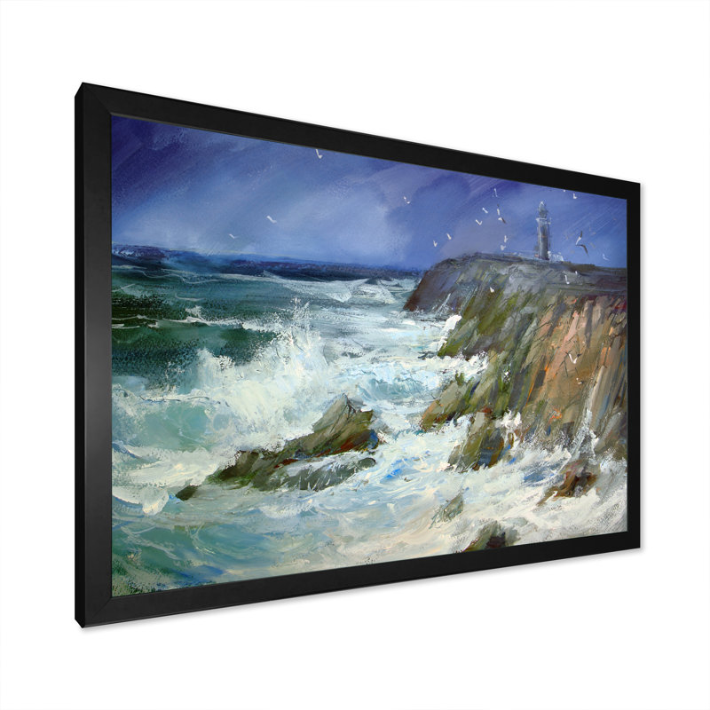 Phare sur les vagues massives - Peinture sur toile, Cadre photo noir, H 8 po x l 12 po x P 1 po