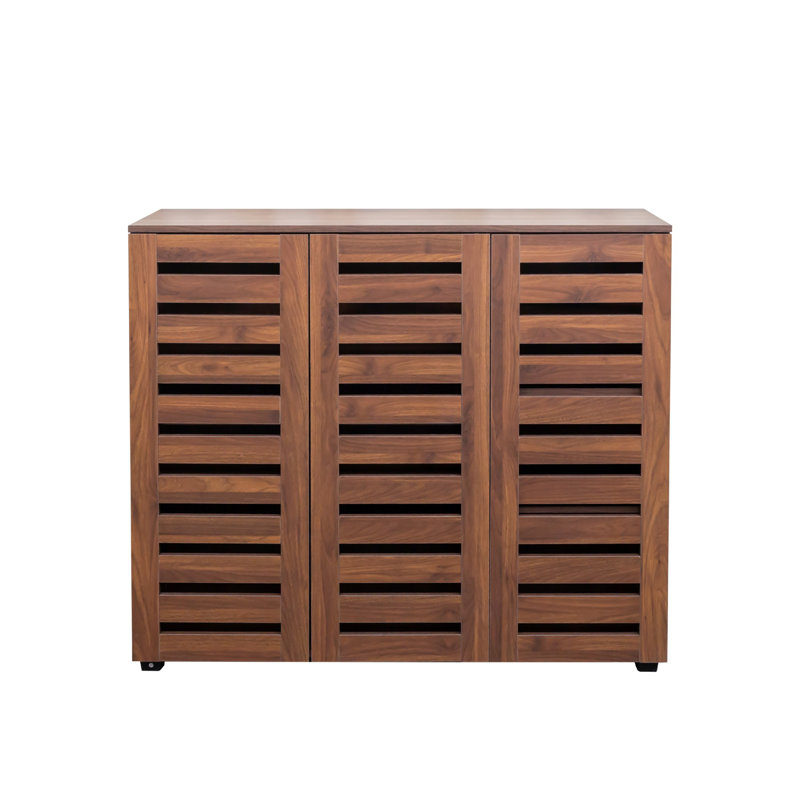 Armoire à chaussures à 5 niveaux en noyer avec tablettes réglables - Range-chaussures en bois avec portes à persiennes pour entrée, couloir, chambre à coucher