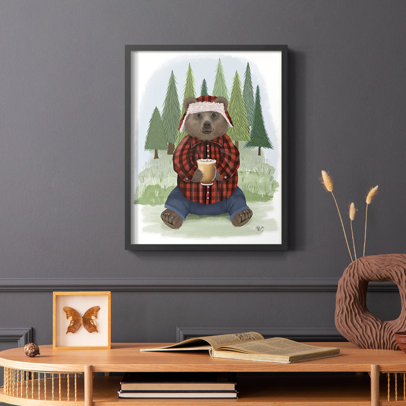 Lumberjack Bear Latte, reproduction encadrée - bois massif, H 10 po x l 8 po, Noir