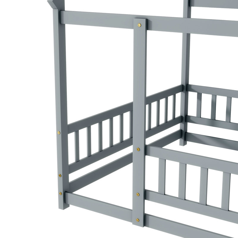 Aulora Full Size Wooden House Floor Bed With Roof Frame And Safety Guardrails, Gray