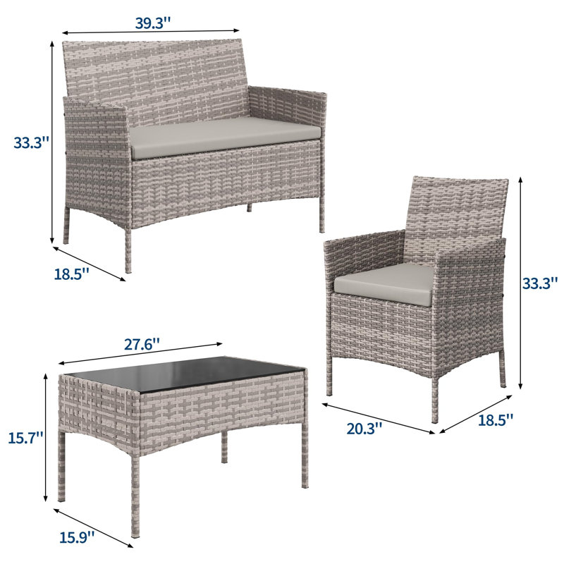 4-Piece Outdoor Patio Bar Set – Rattan Bistro Furniture with Cushioned Sofa, 2 Chairs & Coffee Table