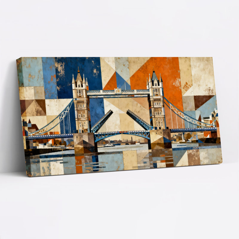 Ensemble de 1 tableau abstrait géométrique sur toile tendue représentant le Tower Bridge, H 28 po x l 58 po