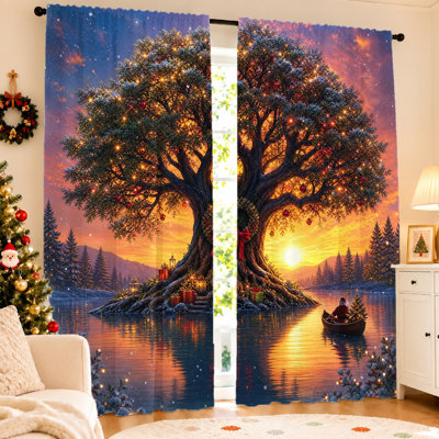 2Pcs Majestic Tree of Life curtains, light filtering fabric, stunning sunset lake view with Santa in a boat print, rod pocket design, home decor for living room, bedroom, balcony, kitchen