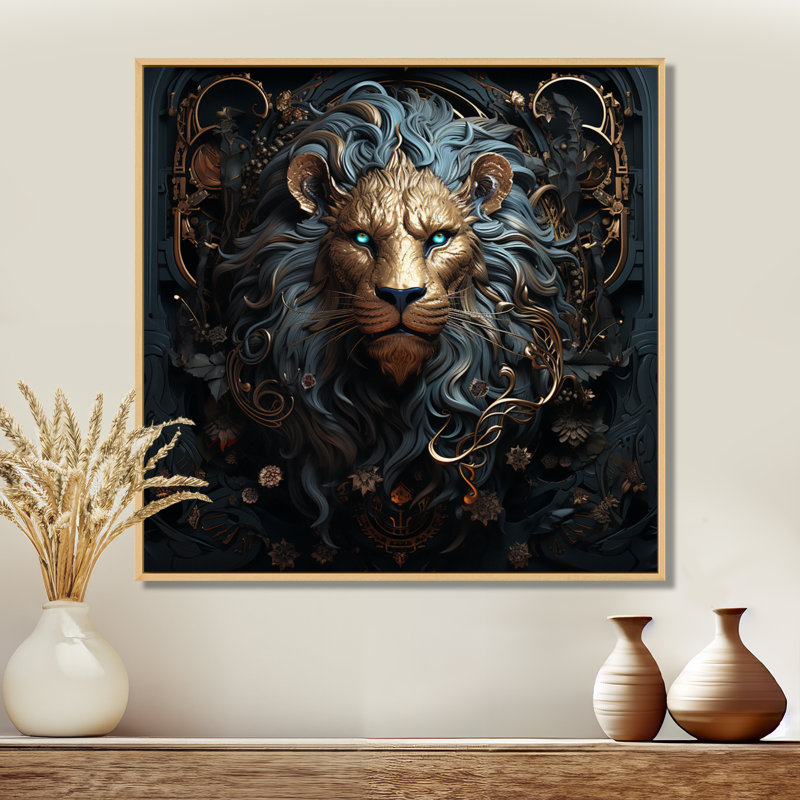 Majestic lion II - Lion, art mural, H 16 po x l 16 po x P 1 po, Cadre flottant en érable