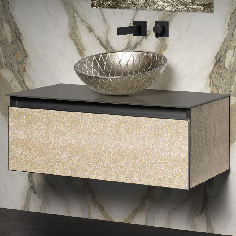 Meuble-lavabo simple avec comptoir, Crocodile clair, 35", Verre trempé noir