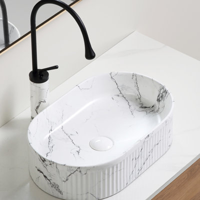 Oval 19X12 Inch Bathroom Vessel Sink In Black And White Marble Porcelain Ceramic, With Faucet Drain, Stain - Surface Sink, Ceramic Unique Pattern, Quick Drain