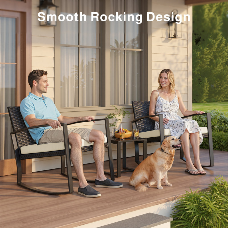 Modern 3-Piece Outdoor Rocking Chair Set with Cushions, All-Weather PE Rattan Wicker Patio Conversation Set with Glass Top Coffee Table