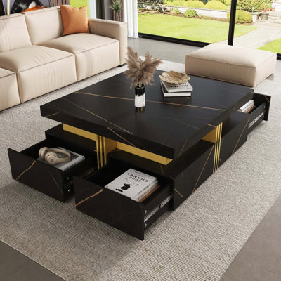 Table basse carrée avec 4 tiroirs et accents dorés - noir, 43,3 po
