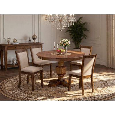 5 Piece Modern Dining Table Set Includes a Round Wooden Table with Pedestal and 4 Light Tan Linen Fabric Upholstered Parson Chairs,  Antique Walnut