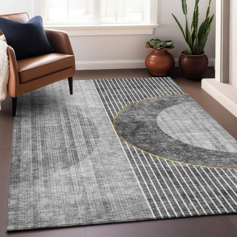 Premium Machine Washable Prisco Charcoal Rug, Rectangle 5' x 7'6"