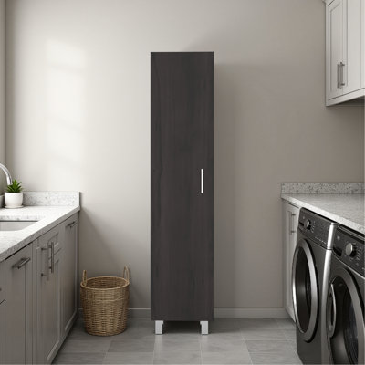 Armoire de rangement autoportante, porte simple et 4 tablettes intérieures, pieds à poignée en métal, finition en particules de chêne foncé, armoire fonctionnelle avec différents types de pièces