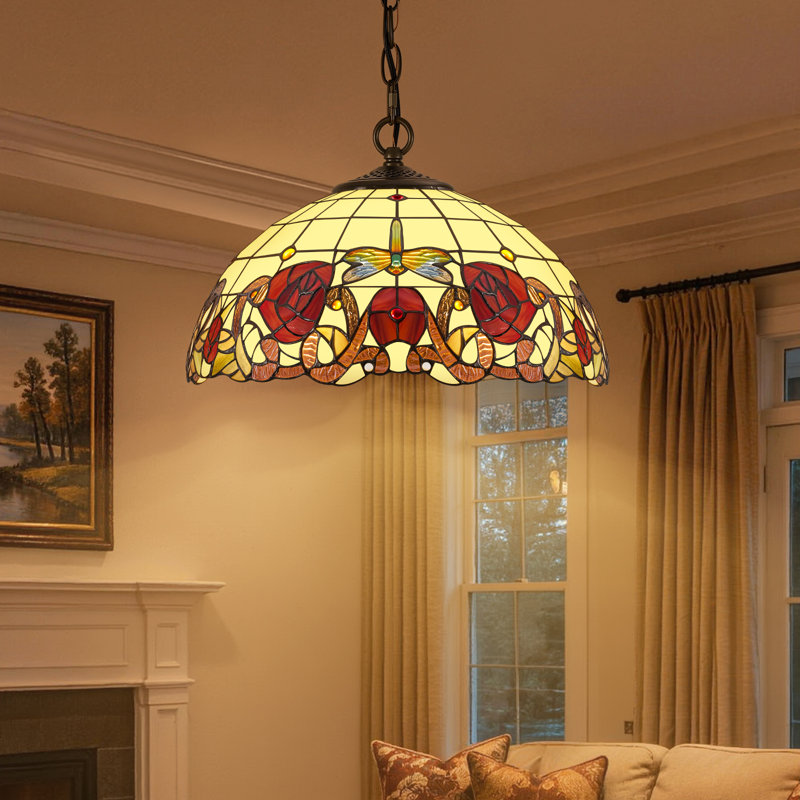 16 Inch Modern Art Stained Glass Lampshade Pendant Light,2 E26 Sockets and 59 Inch Adjustable Chain, Hanging Lamp for Kitchen Island Dining Table