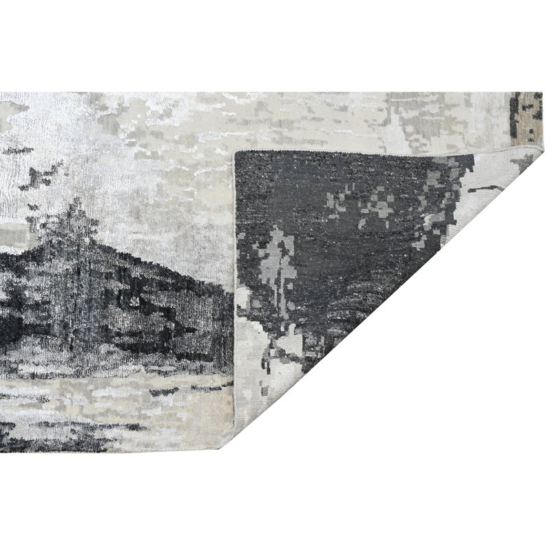 Hand Knotted Area Rug in Ivory And Black, Rectangle 5' x 8'
