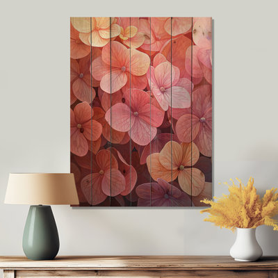 Hortensias dans la lueur du coucher de soleil I - décoration murale en bois d'hortensias - sur bois de pin naturel