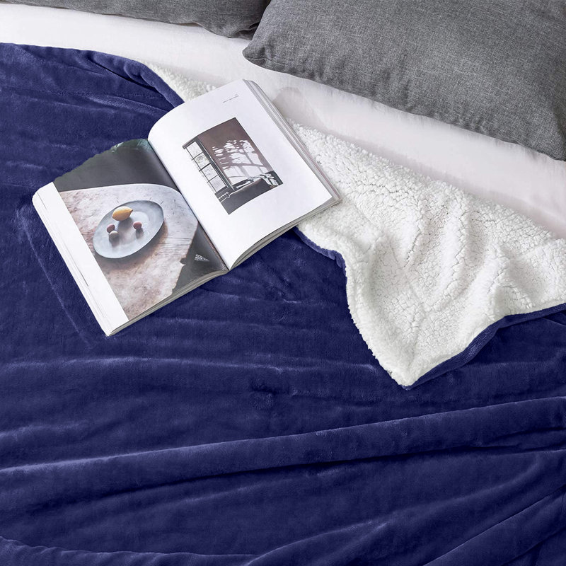 Sherpa Fleece Fur Thick Reversible Blanket Throw, 150cm x 130cm, Navy Blue