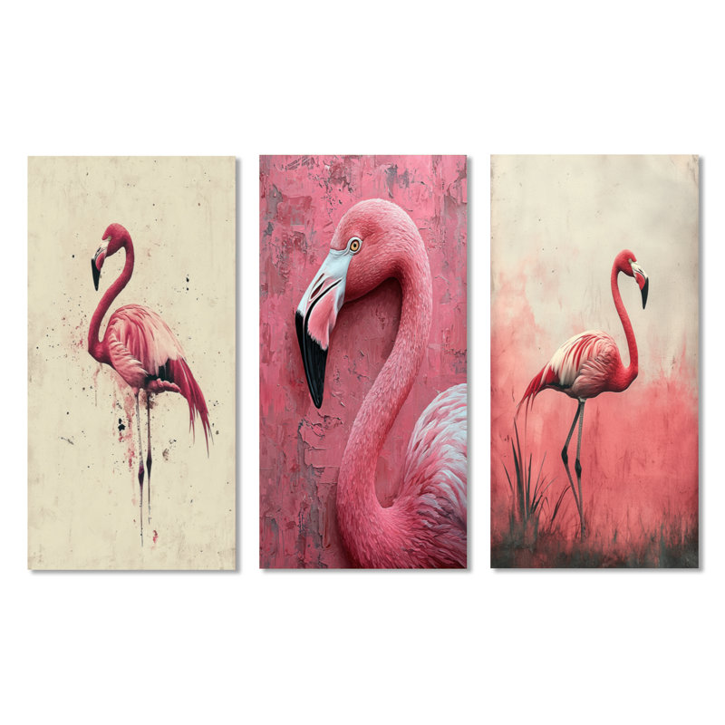 Tropical Flamingo Reflections in Pink Waters I - Flamant rose à 3 panneaux, H 32 po x l 48 po