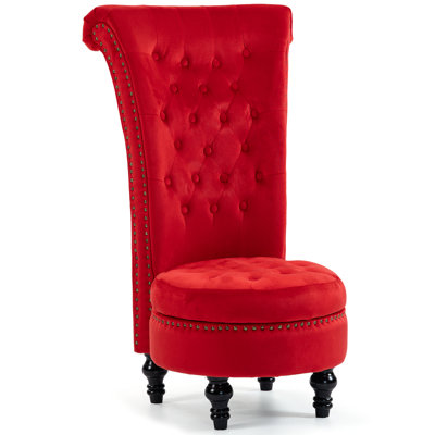 High Back Throne Royal Chair, Velvet Armless Accent with Storage, Nailhead Trim, Solid Rubberwood Legs for Living Room Bedroom，Red