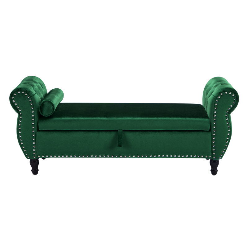 Banc repose-pieds rectangulaire en velours avec rangement et 1 coussin, vert foncé, émeraude, Émeraude