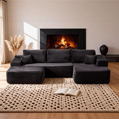 Canapé modulaire de 105,7 po avec méridienne en forme de U, canapé modulaire moderne avec assise profonde, canapé rembourré pour chambre à coucher de salon, sans assemblage requis, (tissu moelleux), noir à gauche