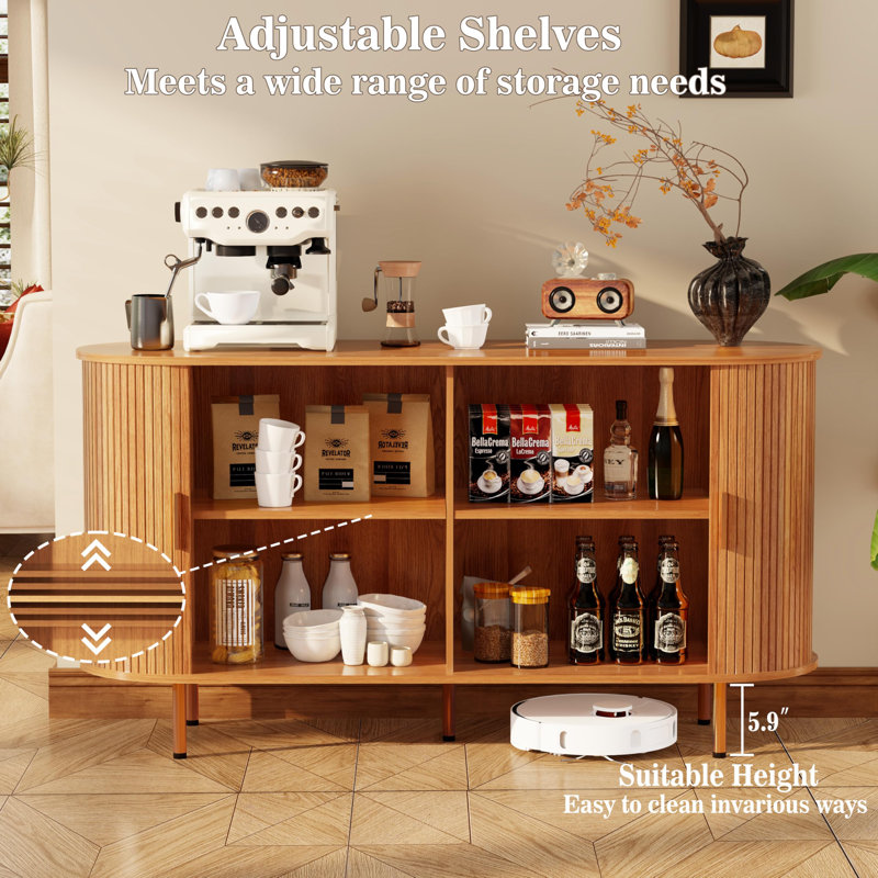 Buffet de 55 pouces avec portes coulissantes et tablette ajustable Tambour, Jaune noyer, 29,5 po x l 55 po x P 15,8 po