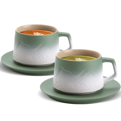 Ensemble de 8 tasses à cappuccino artistiques de 8 onces, tasse à café en céramique gaufrée avec soucoupes pour l'art au lait (vert mousse et blanc / ensemble de 2)