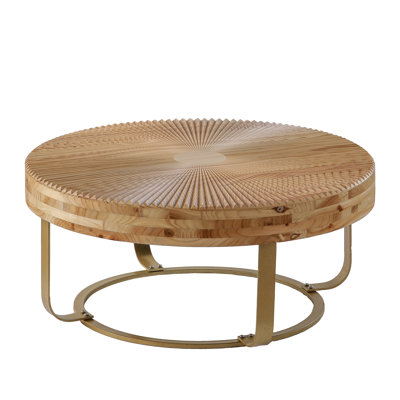Modern Round Carved Wooden Coffee Table with Metal Legs for Living Room, Office, and Reception Areas
