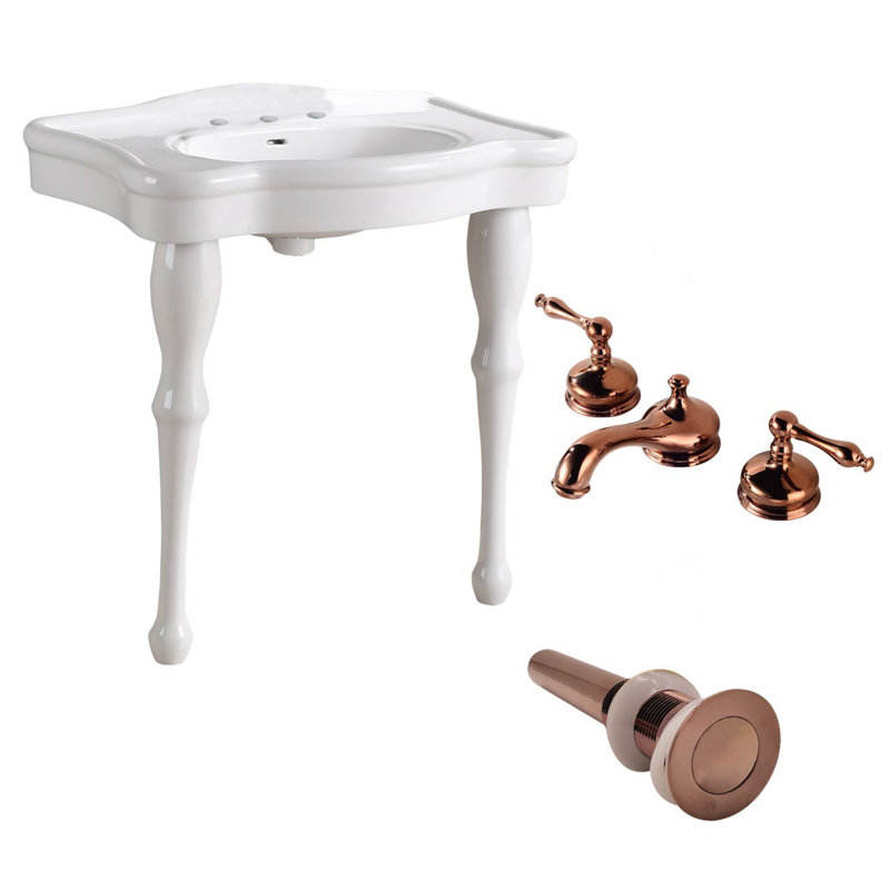 Lavabo de salle de bain rectangulaire en porcelaine vitreuse avec robinet et trop-plein, Or rose, Or rose