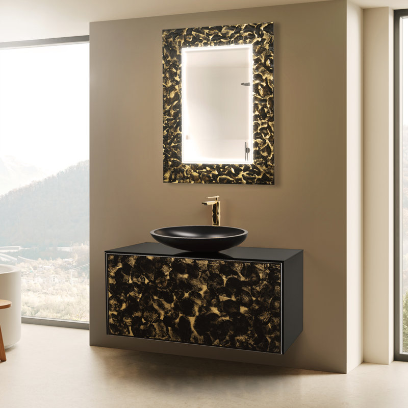 Meuble-lavabo mural de luxe en cristal Murano, 40", Noir et or