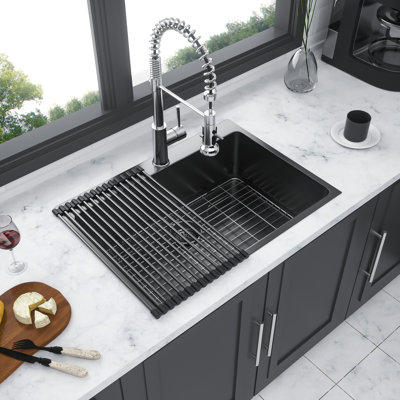 Évier de cuisine 30 po x 22 po, acier inoxydable noir de calibre 16, encastré de 30 po, facile à installer, support de séchage inclus, jauge de cuve simple, pouce, cuve profonde pour un rangement pratique, instructions d'installation