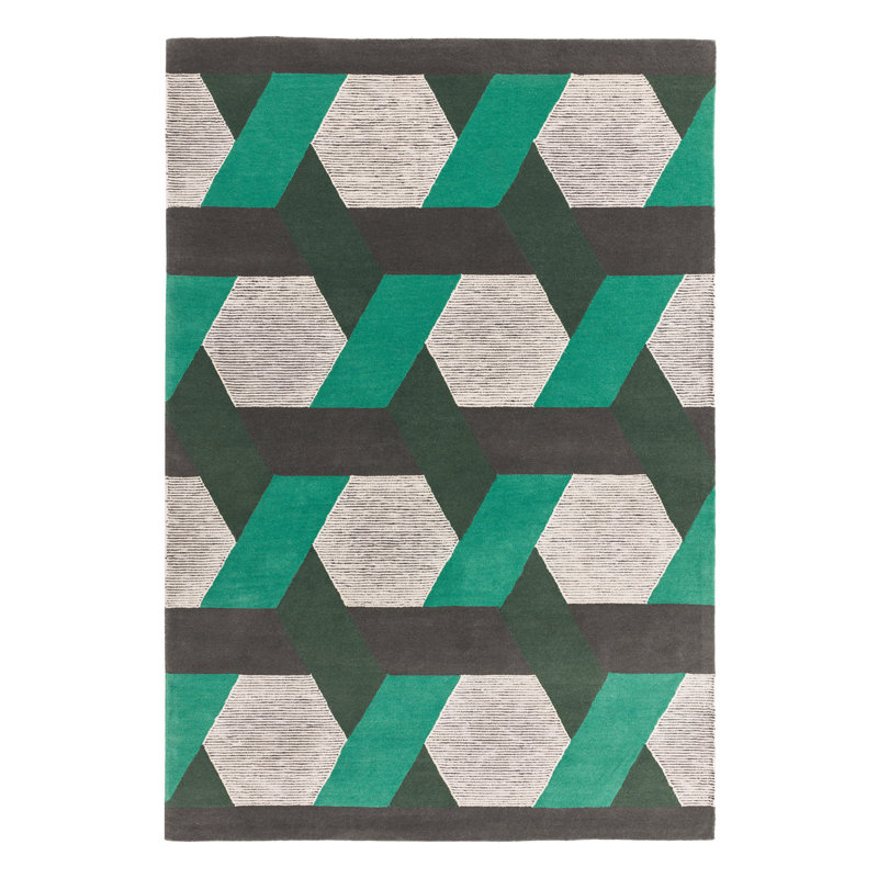 Deutsch Hand Woven Wool Green/Grey Indoor Rug, Rectangle 120 x 170cm