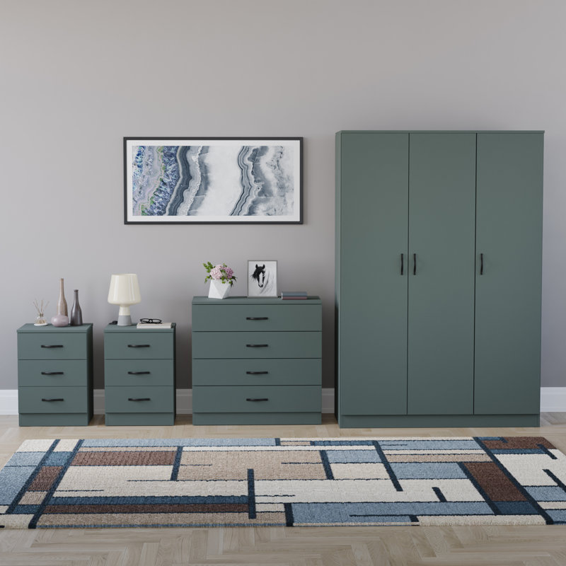 Tayce 4 Piece Bedroom Set (3 Drawer Bedside Chest X2, 4 Drawer Chest, 3 Door Wardrobe), Green