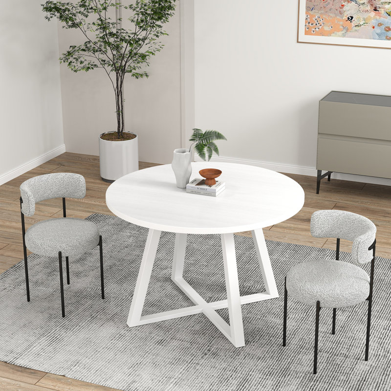 Joubert Round Dining Set, Trestle Dining Table With Boucle Chairs, Gray, 3