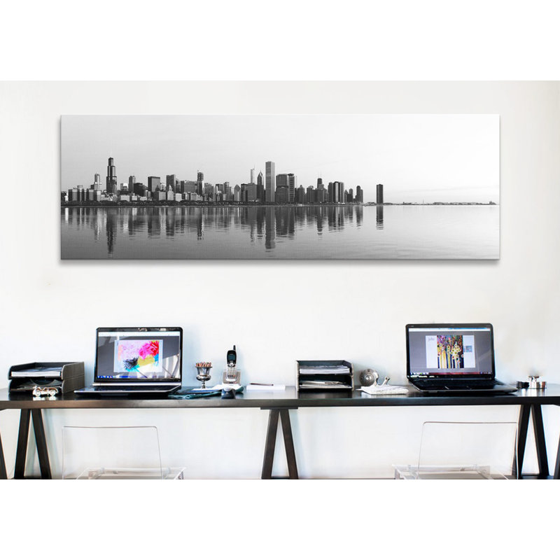 «Chicago Panoramic Skyline Cityscape», reproduction de photo sur toile, H 12 po x l 36 po x P 1,5 po, Bleu, Cadre noir